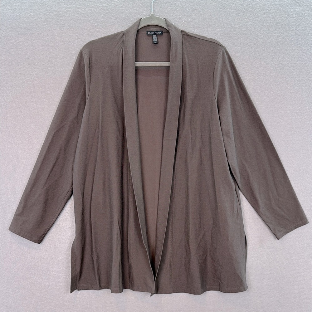 Eileen Fisher women’s Brown washable stretch crepe Open Front long jacket size L
